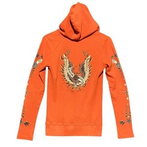 2009 Harley Davidson Women's‎ M Orange Graphic Hoodie Rivets Thermal LS Henley